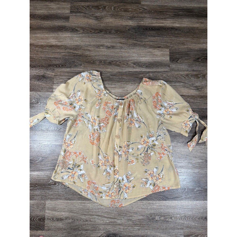 Unique Spectrum Blouse Womens 2X Tan White Orange Floral Button Decor Tie Sleeve